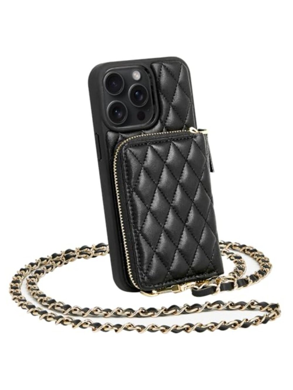 Quilted Leather Wallet Case Crossbody Chain Wrist Strap RFID for iPhone 14 Pro